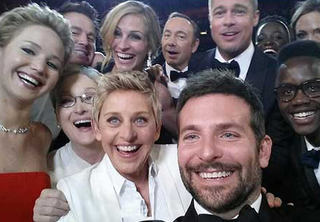 Ellen takes a selfie with oscar nominees Jennifer Lawrence, Jared Leto, Meryl Streep, Julia Roberts, Kevin Spacey, Brad Pitt, Lupita Nyongo, Bradley Cooper, Angelina Jolie and Peter Nyongo. It was retweeted so much that it shut down Twitter for more than 20 minutes.